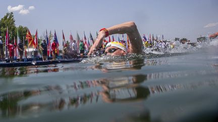 Le nageur allemand&nbsp;Florian Wellbrock lors de la finale du 10 km hommes aux mondiaux de natation, dans le lac&nbsp;Lupa de Budapest (Hongrie), mercredi 29 juin 2022. (FERENC ISZA / AFP)