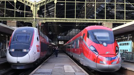 Un TGV de la SNCF et une&nbsp;Frecciarossa de la compagnie Trenitalia, à la&nbsp;gare de Lyon, à Paris, le 11 décembre 2021. (MAXPPP)