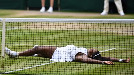 Serena Williams exulte après sa victoire à Wimbledon, samedi 9 juillet 2016. (GLYN KIRK / AFP)