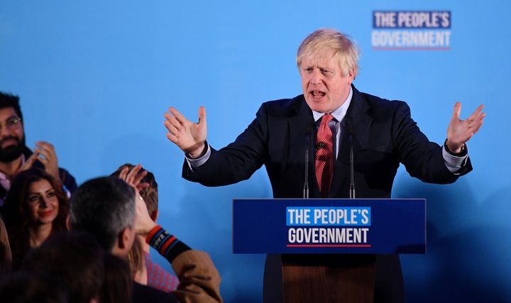 Le Premier ministre britannique, Boris Johnson, après sa victoire aux élections législatives, le 13 décembre 2019 à Londres (Royaume-Uni). (DANIEL LEAL-OLIVAS / AFP)