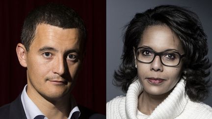 Le ministre de l'Intérieur, Gérald Darmanin, et la&nbsp;tête de liste socialiste&nbsp;aux élections régionales en Ile-de-France, Audrey Pulvar. (JOEL SAGET / AFP)