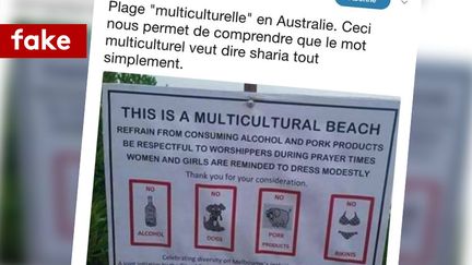 Photographie du panneau de la fausse "plage multiculturelle" à Melbourne, en Australie. (CAPTURE D'ECRAN/FACEBOOK)