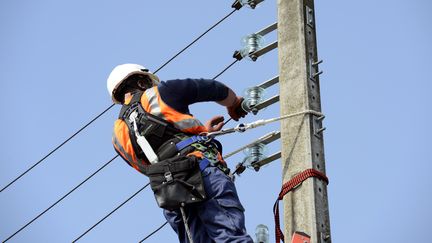 Un technicien ERDF travaille sur une ligne &eacute;lectrique situ&eacute;e &agrave; Saint-Ouen-l'Aum&ocirc;ne (Val-d'Oise), le 29 mars 2013. (BERTRAND GUAY / AFP)