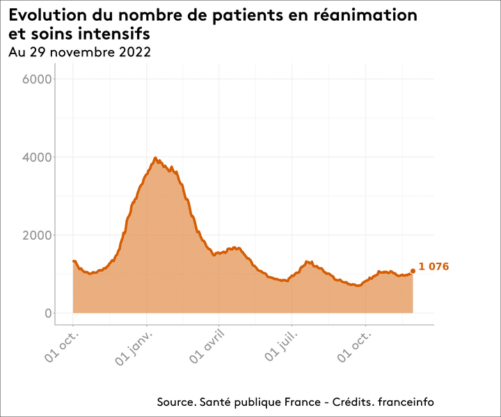 Le nombre d'admissions en soins critiques a franchi la barre des 1 000 patients. (SANTE PUBLIQUE FRANCE / FRANCEINFO)