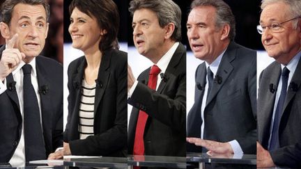 Nicolas Sarkozy, Nathalie Arthaud, Jean-Luc M&eacute;lenchon, Fran&ccedil;ois Bayrou et Jacques Cheminade, invit&eacute;s de l'&eacute;mission politique de France 2, le 12 avril 2012. (AFP / MONTAGE FTVI )