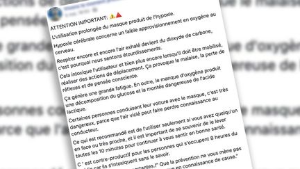 Capture écran facebook du post qui affirme que porter un masque peut provoquer une hypoxie.&nbsp; (CAPTURE ECRAN FACEBOOK)