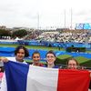 Bachir, Evan, Tristan et Anastasia dans les tribunes du stade des Invalides, où ils ont assisté jeudi 5 septembre aux épreuves de paratir à l'arc, à Paris. (PAOLO PHILIPPE / FRANCEINFO)