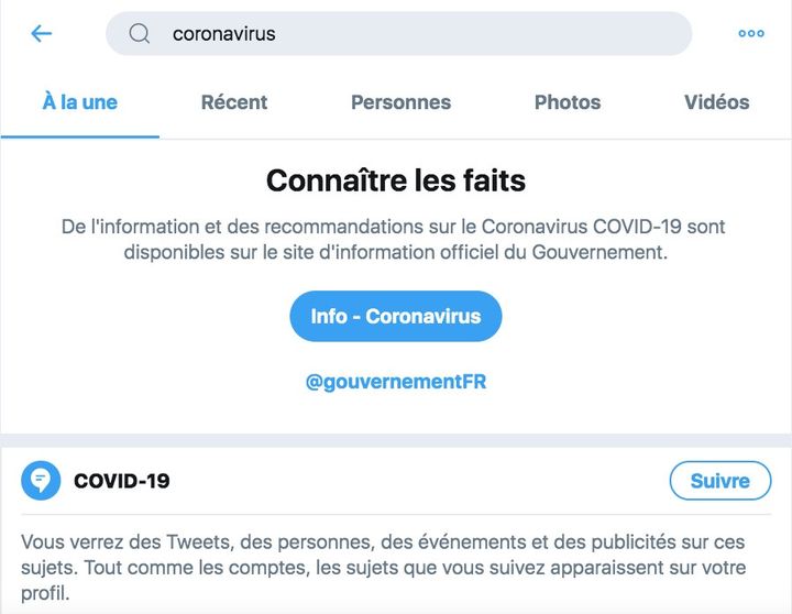 La recherche "coronavirus" sur le réseau social Twitter permet d'afficher un lien vers les ressources du gouvernement français pendant la pandémie de Covid-19. (TWITTER)