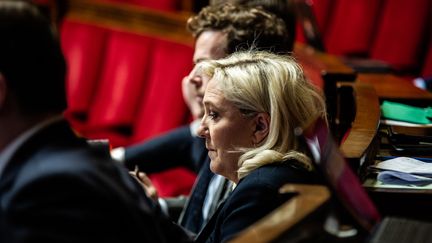 Marine Le Pen à l'Assemblée nationale, jeudi 12 janvier 2023. (GAUTHIER BEDRIGNANS / HANS LUCAS VIA AFP)
