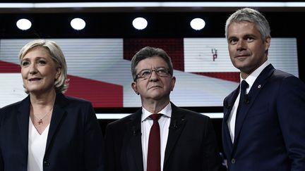 Marine Le Pen, Jean- Luc Mélenchon et Laurent Wauquiez, sur le plateau de "L'Emission politique", le 17 mai 2018. (PHILIPPE LOPEZ / AFP)