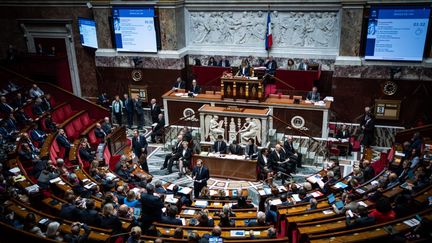 L'hémicycle de l'Assemblée nationale, lors d'une séance de questions au gouvernement, le 9 octobre 2024. (XOSE BOUZAS / HANS LUCAS)