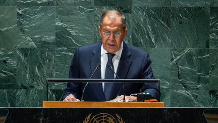 Le ministre russe des Affaires étrangères, Sergueï Lavrov, lors de l'Assemblée générale de l'ONU à New York, le 23 septembre 2023. (DAVID DEE DELGADO / GETTY IMAGES NORTH AMERICA / AFP)