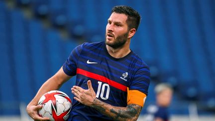 L'attaquant français André-Pierre Gignac a été la principale satisfaction des Bleus lors de ce tournoi olympique, comme face à l'Afrique du Sud, dimanche 25 juillet 2021. (KAZUHIRO NOGI / AFP)