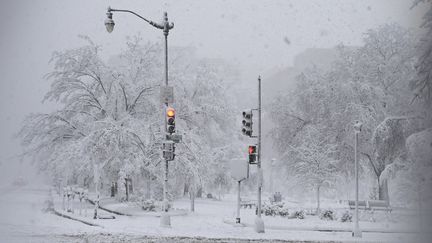 La capitale américaine Washington sous une tempête de neige, le 3 janvier 2022.&nbsp; (PABLO PORCIUNCULA / AFP)