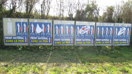 Des affiches du Front national ont été collées sur tous les panneaux officiels de la campagne à Vaudry (Calvados), dans la nuit du 7 au 8 avril 2017. (DR)