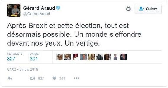 Le tweet de Gérard Araud, le 9 novembre 2016.&nbsp; (FRANCEINFO / RADIOFRANCE)