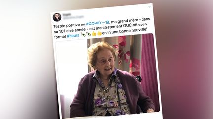 La grand-mère de Sandrine Engels, centenaire,&nbsp;va mieux après avoir contracté&nbsp;le Covid-19. (CAPTURE ECRAN / TWITTER SANDRINE ENGELS)