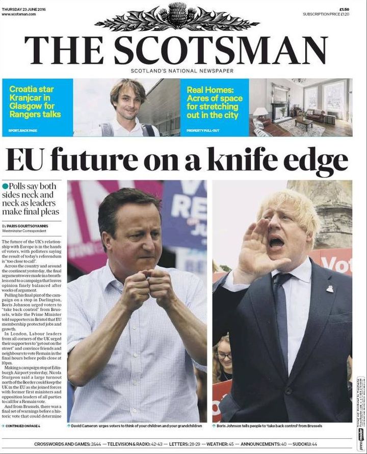 La une du Scotsman, le 23 juin 2016. (THE SCOTSMAN / FRANCETV INFO)