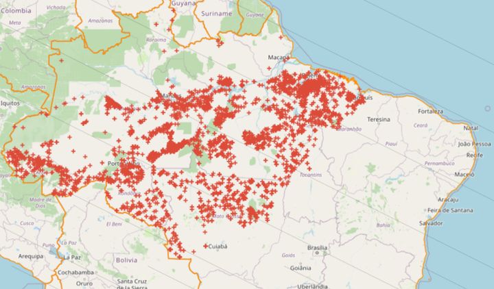 Feux&nbsp;en Amazonie brésilienne&nbsp;enregistrés en juillet 2020 par l'INPE. (INPE)