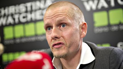 Le coureur danois Michael Rasmussen donne une conf&eacute;rence de presse, le 31 janvier 2013, &agrave; Herning (Danemark).&nbsp; (HENNING BAGGER / SCANPIX DENMARK / AFP)