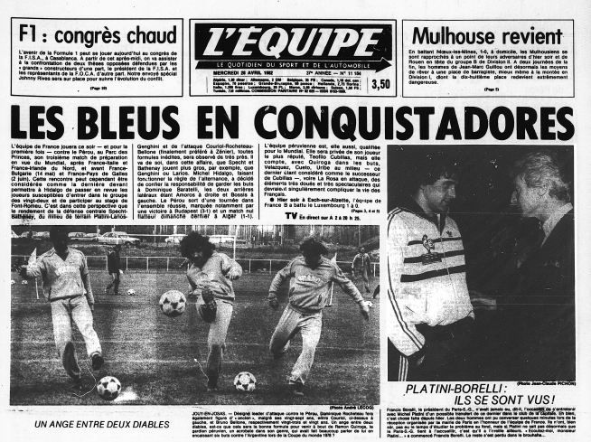 Capture d'écran de la une du journal "L'Equipe" du 28 avril 1982. (L'EQUIPE)