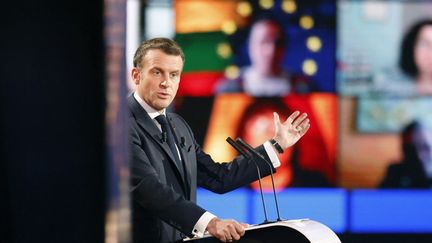 Le président français Emmanuel Macron, le 9 mai 2021, devant le Parlement européen, à Strasbourg (Bas-Rhin). (JEAN-FRANCOIS BADIAS / AFP)