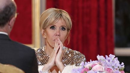 Brigitte Macron, à l'Élysée lors d'un dîner avec le Grand-Duc de Luxembourg, le 19 mars. (BENOIT TESSIER / AFP)