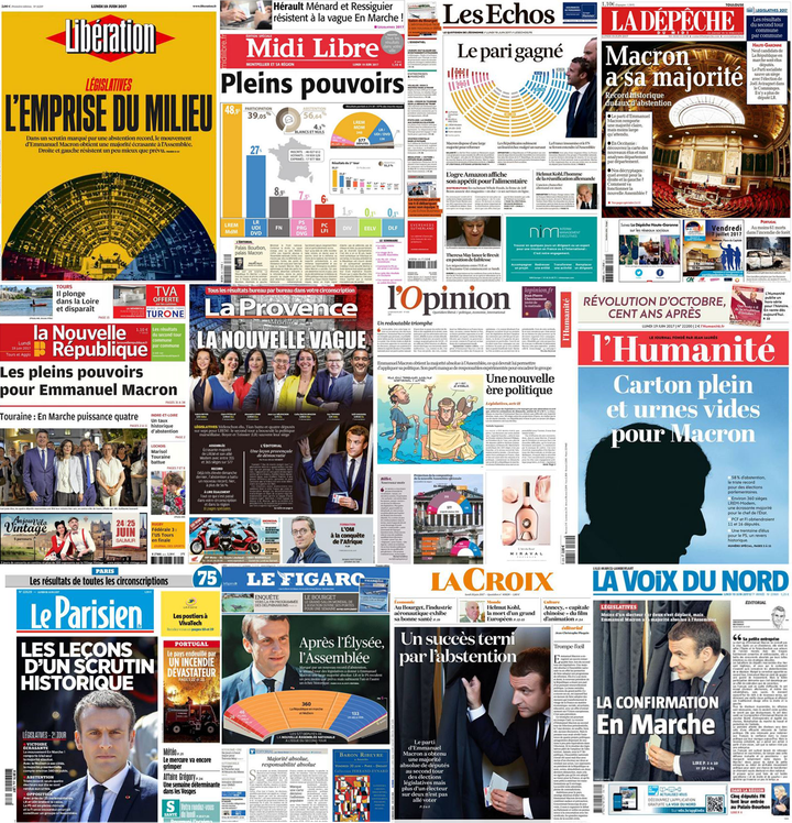 La victoire d'En marche ! au second tour des législatives est à la une de la presse, lundi 19 juin 2017. (FRANCEINFO)