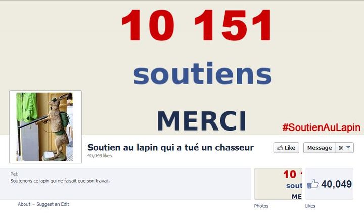 Capture d'&eacute;cran de la page Facebook "Soutien au lapin qui a tu&eacute; un chasseur". (FACEBOOK)