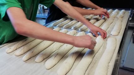 Des baguettes de pain avant d'être enfournées dans une boulangerie à Hasparren&nbsp;(Pyrénées-Atlantiques).&nbsp; (XEXILI FOIX / RADIO FRANCE)