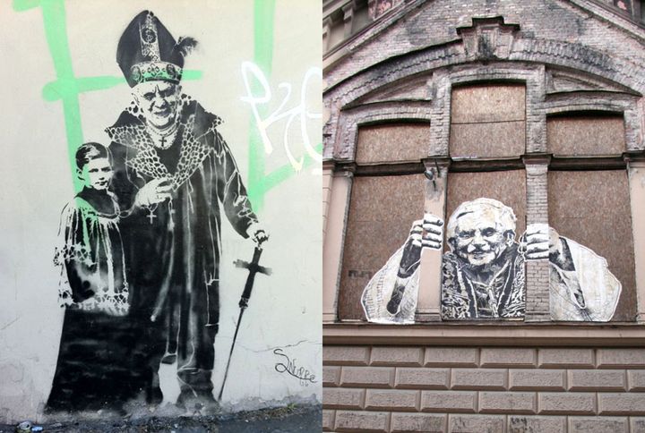 Deux oeuvres de street art repr&eacute;sentant le pape Beno&icirc;t XVI dans une situation peu flatteuse. (DR)