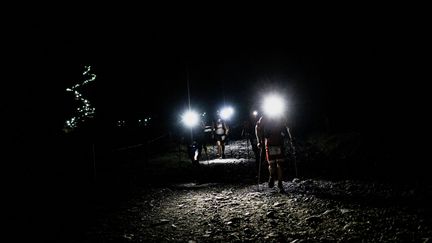 Des participants à l'une des courses de l'Ultra-Trail du Mont-Blanc, en août 2019. (JEFF PACHOUD / AFP)