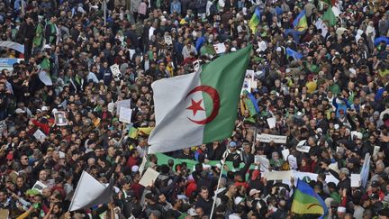 Des manifestants algériens brandissent le drapeau lors d'une manifestation anti-gouvernementale à Alger, le 21 février 2020. (RYAD KRAMDI / AFP)