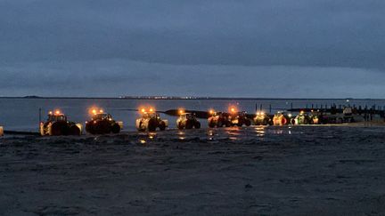 On January 4, 2024, farmers with tractors went to a ferry dock to prevent Vice Chancellor Robert Habeck from disembarking, in Schlüttsiel in Schleswig-Holstein.  (HAGEN WOHLFAHRT / SCHLESWIG-HOLSTEINISCHER ZEITUNG)