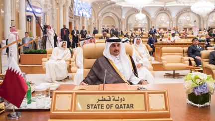 L'émir du Qatar, Tamim Ben Hamad Al-Thani, le 21 mai 2017, lors&nbsp;du&nbsp;sommet arabe islamo-américain à Riyad (Arabie saoudite). (BANDAR ALGALOUD / SAUDI KINGDOM  / ANADOLU AGENCY / AFP)