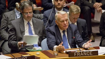 Jean-Marc Ayrault lors de la présentation de la résolution française sur le cessez-le-feu à Alep, aux Nations Unies (New York, Etats-Unis), le 8 octobre 2016. (DOMINICK REUTER / AFP)