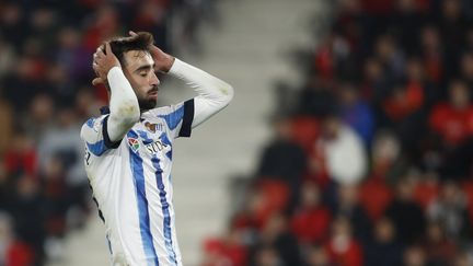 Le joueur de la Real Sociedad Brais Mendez lors de la demi-finale aller de la Coupe du Roi, à Majorque, le 6 février 2024. (JAIME REINA / AFP)