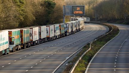 Des camions font la queue avant le port de Douvres en Angleterre, le 25 décembre 2020. (NIKLAS HALLE'N / AFP)