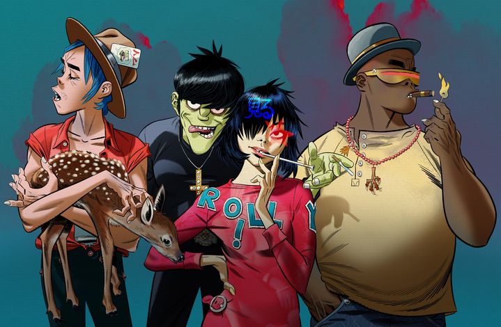 Les personnages virtuels du groupe Gorillaz : 2D, Murdoc, Noodle et Russel Hobbs. (JAMIE HEWLETT / GORILLAZ INC.)