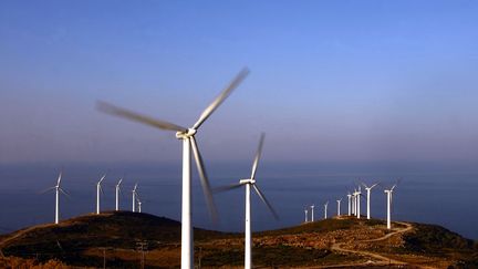 Des éoliennes sur l'île d'Evia (Grèce), en août 2007. (ARIS MESSINIS / AFP)