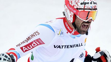 Gauthier de Tessières laisse éclater sa joie dans l'aire d'arrivée du Super-G à Schladming (SAMUEL KUBANI / AFP)