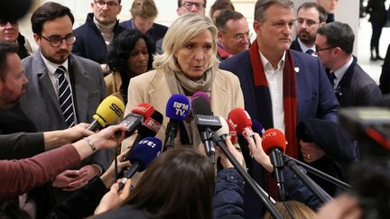 Marine Le Pen s'adresse à la presse au tribunal judiciaire de Paris, le 27 novembre 2024. (ALAIN JOCARD / AFP)