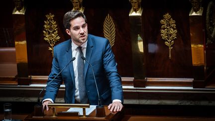 Le député RN Thomas Ménagé s'exprime à l'Assemblée nationale, le 27 mai 2024. (XOSE BOUZAS / HANS LUCAS / AFP)