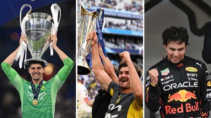 Thibaut Courtois,&nbsp;Paul Boudehent et Sergio Perez, trois champions du week-end de samedi 28 et dimanche 29 mai 2022. (AFP)