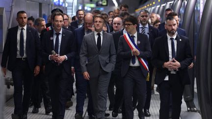 Emmanuel Macron inaugure le prolongement de la ligne de métro 14 à Saint-Ouen (Seine-Saint-Denis), le 24 juin 2024. (YVES HERMAN / POOL / MAXPPP)