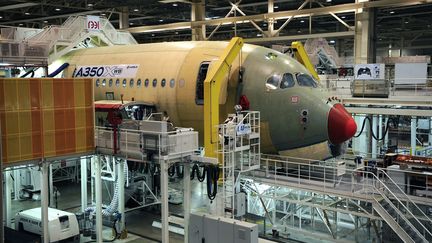 Un A350 en construction dans l'usine Airbus à Toulouse (Haute-Garonne). (REMY GABALDA / AFP)