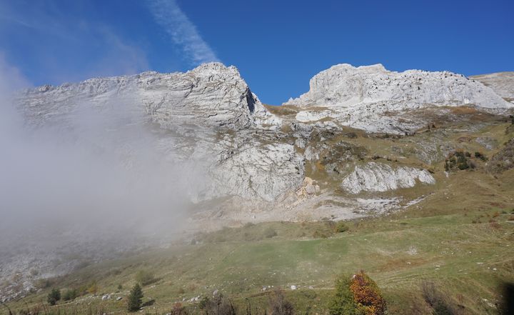 Journée de&nbsp;brouillard, le 20 octobre 2015, dans le massif du Bargy, en Haute-Savoie, où évoluent une harde de bouquetins. &nbsp; (JULIE RASPLUS / FRANCETV INFO)