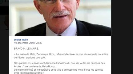 Une rumeur affirme que le maire de Metz a refusé de supprimer le porc dans les menus des cantines des écoles de la ville (capture d'écran Facebook)