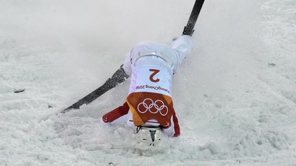 C'est ce qu'on appelle une réception manquée pour le Chinois Jia Zongyang&nbsp;lors de la finale de saut en ski acrobatique dimanche 18 février. (MARTIN BUREAU / AFP)