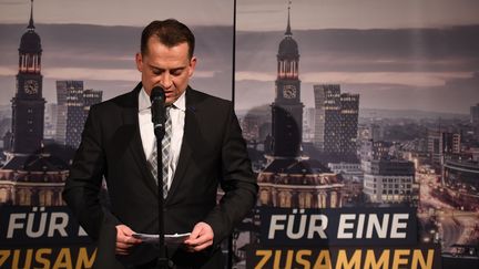 Le président de la CDU à Hambourg (Allemagne), Roland Heintze, s'exprime après le revers électoral subi par le parti au Parlement régional, le 23 février 2020.&nbsp; (DANIEL REINHARDT / DPA / AFP)